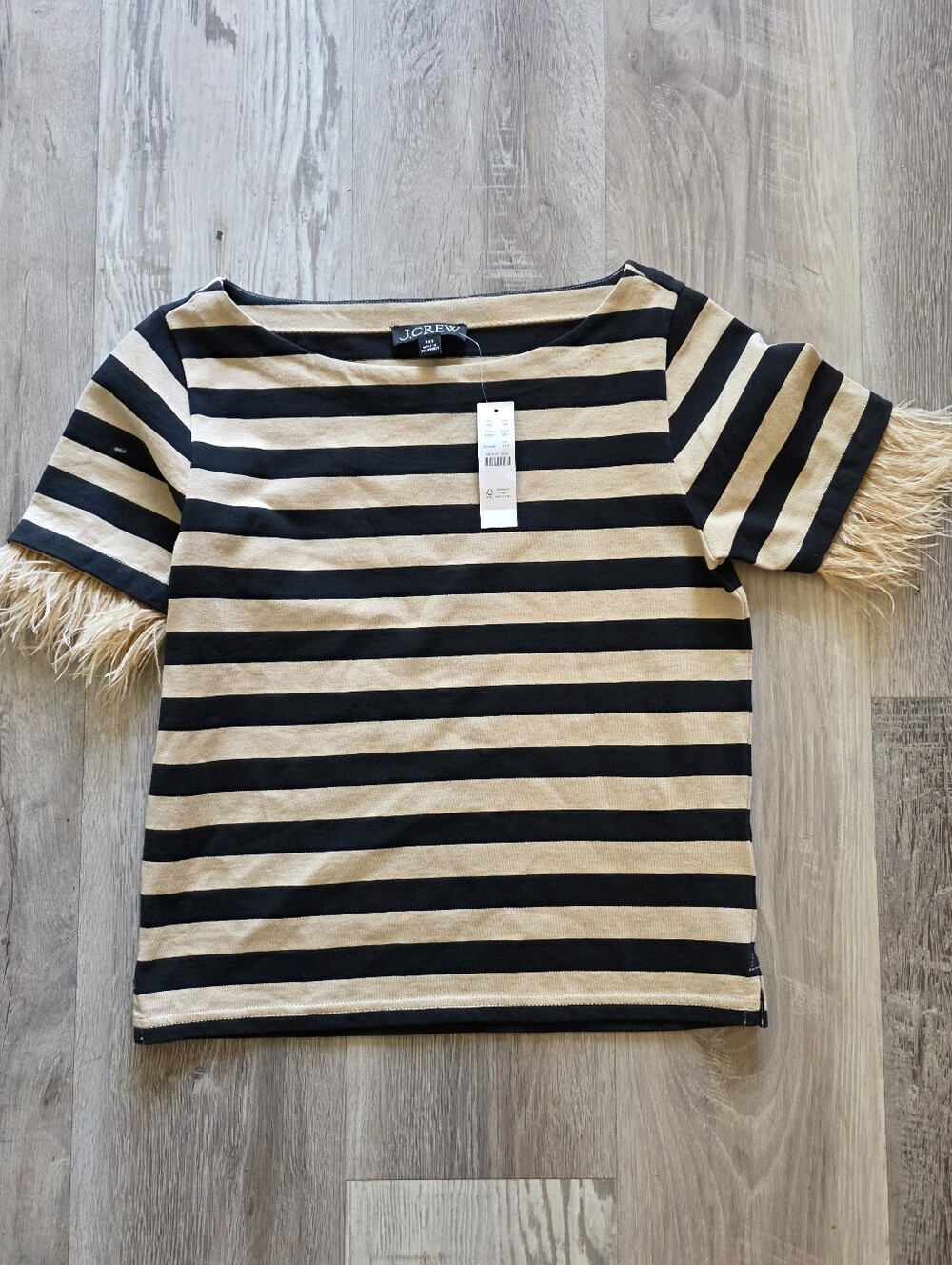 NWT J. Crew Cropped Jersey Boatneck Striped Black And Tan Tshirt W/ Feathers XXS